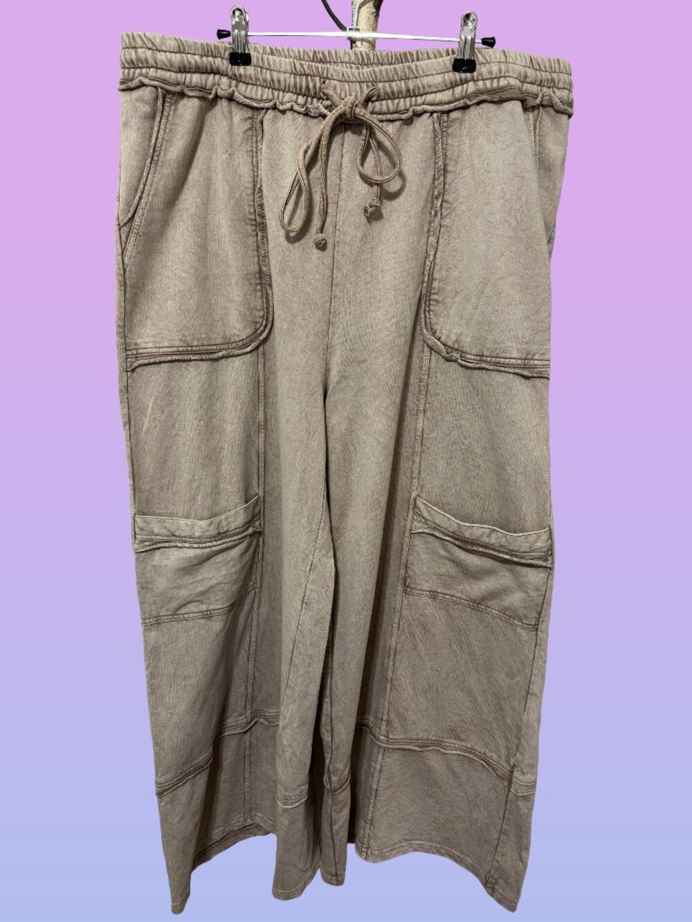 NWT Avani del Amour Wide Leg Utility Pants Sand 1X Cotton Lounge Cargo